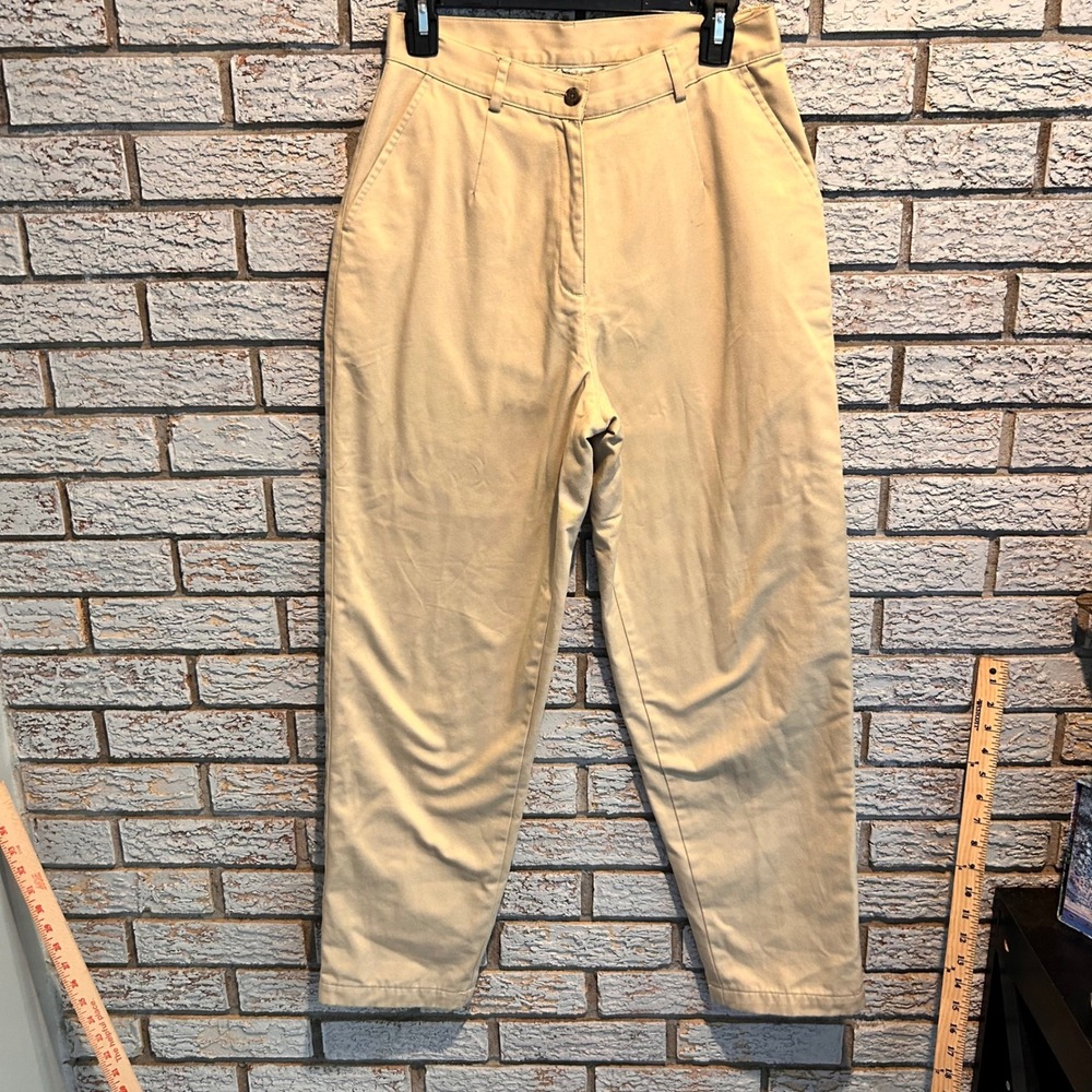 LL Bean Flannel Lined Chino Pants Khaki Tan Floral Print High Rise Tapered 8 Reg - Picture 1 of 7